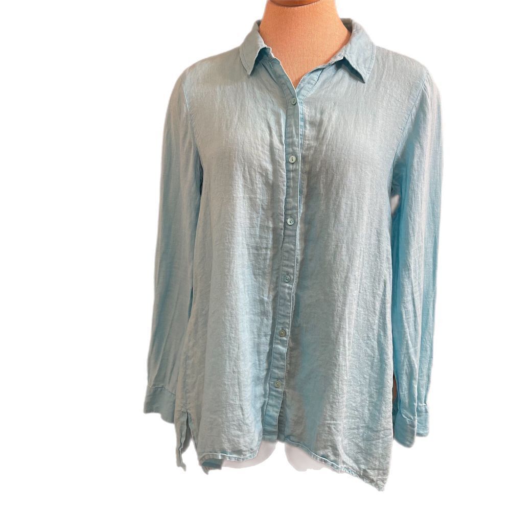 Eileen Fisher Irish Organic Linen Button Up Shirt Blue Sz PM Petite Medium